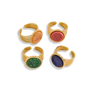 Minimalist 14K gold plated stainless steel open rings set with round natural stones