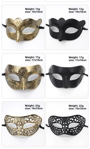 Three pairs of vintage gold and black masquerade half masks with size and weight info