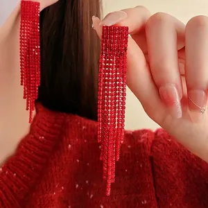 Elegant red rhinestone tassel drop earrings featuring geometric shimmering long fringe