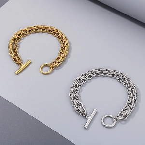 Double-layered gold and silver chunky chain bracelet with OT toggle clasp closure