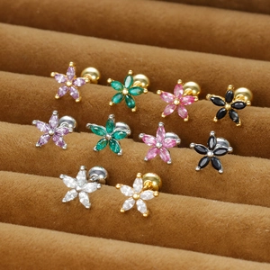 Elegant 925 silver flower stud earrings with colorful zircon petals and screw backs
