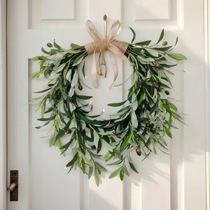 Artificial Olive Wreath With Burlap Bow Green Leaves Faux Fruit For Front Door Wall Hanging Farmhouse Home Decor Holiday