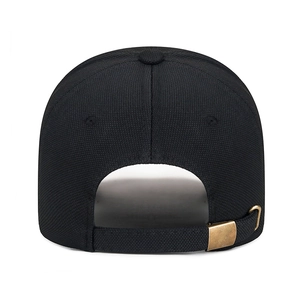 Back view of black baseball cap with breathable honeycomb fabric and metal buckle