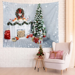 Christmas tapestry with fireplace and tree for cozy holiday home wall decoration