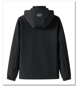 Detail of hooded jacket back featuring mountain graphics and windproof technical fabric