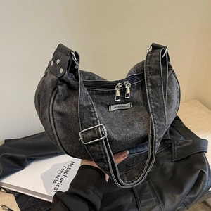 Dark grey denim hobo bag for women with adjustable strap and double zipper detail