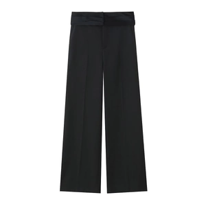 Pantalon large noir taille haute pour femme avec ceinture en satin assortie élégante
