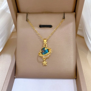 Planet Pendant Necklace Titanium Steel Chain Copper Rhinestone Galaxy Star Moon Luxury Jewelry For Women