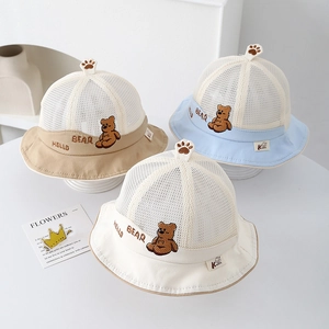 Cute baby summer sun hat with breathable mesh, bear embroidery, and cat paw decor