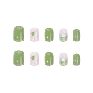 Green and pink press-on nails with 3D flower and pearl decor in short square shape