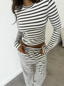 Women's vintage striped lounge set with long sleeves and slim fit knit trousers