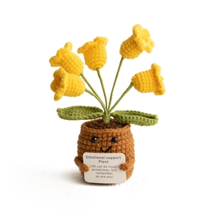 Handmade crochet potted plant with yellow flowers and emotional support card
