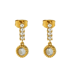 Detail of 18K gold-plated drop earrings featuring vertical pearls and zircon studs
