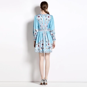 Back view of light blue floral V-neck dress with long sleeves and high waist A-line cut