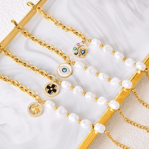 Artificial Baroque Pearl Titanium Steel Bracelet With Evil Eye Moon Star Pendants Fashion Jewelry For Women Elegant Gold Plated Adjustable