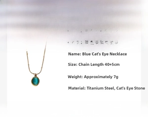 Detail showing titanium steel gold chain length 40+5cm with blue cat eye stone pendant