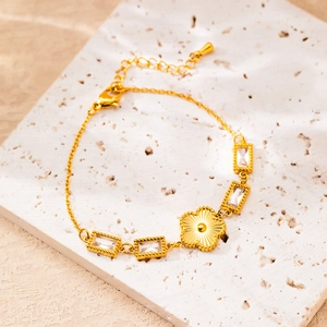 Exquisite 18K gold plated clover bracelet with rectangular crystals and floral pendant