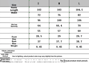 Detailed size chart for twill jacket and trousers set with measurements in cm