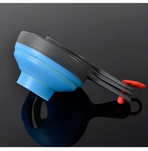 Close-up of blue collapsible silicone funnels with gray handles on a black background