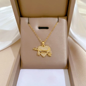 Heart Pendant Necklace Gold Plated Stainless Steel Chain Copper Micro Pave Cubic Zirconia Cupid Arrow LOVE Inscription For Women
