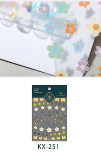 Macro detail of floral and smiley face 3D nail stickers on clear sheet with KX-251 packaging