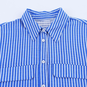Women's spring blue and white vertical stripe button-down shirt with chest pockets