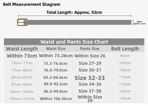 Detailed size chart for the sequin belt showing length 92cm and width 1.2cm