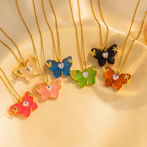 Butterfly Pendant Necklace For Women Titanium Steel Zircon Heart Elegant Jewelry Colorful Resin Charm Adjustable Korean Style