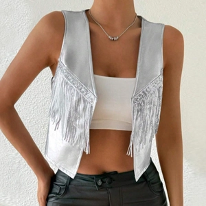 Silver Sequin Fringe Vest Women Sleeveless Metallic Cropped Waistcoat Party Clubwear Sparkly V-Neck Open Front Fashion
