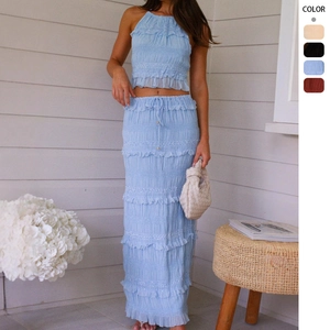 Halter Neck Crop Top And Tiered Ruffled Maxi Skirt Pleated Crinkle Fabric Summer Vacation Elegant Trendy Women Clothing