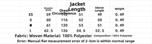 Detailed size chart for denim bomber jacket featuring shoulder and bust measurements in cm