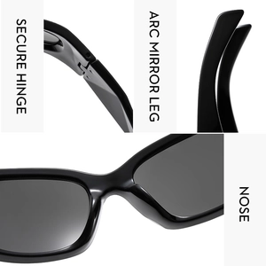 Detail view of Y2K sports sunglasses featuring secure hinges and curved temple arms