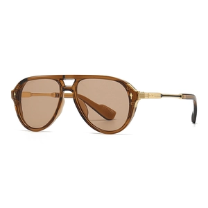 Retro pilot sunglasses with brown gradient lenses and golden double-bridge frame