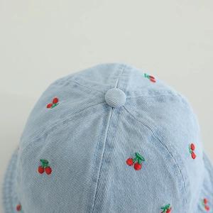 Light blue denim baby bucket hat with cute red cherry embroidery for toddlers