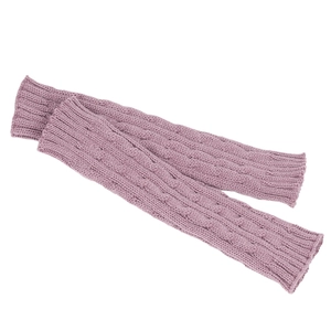 Close-up of purple cable knit arm warmers made of thick thermal acrylic yarn texture