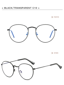 Front and 45-degree side views of black retro metal round glasses frames with blue light lens