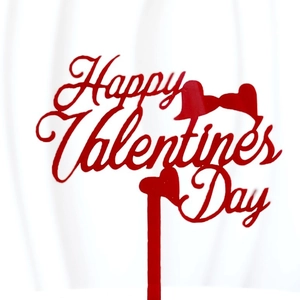 Close-up of red acrylic Happy Valentine's Day cake topper against a soft white backdrop