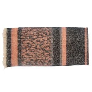 Close-up of leopard print patchwork scarf with orange stripes and soft wool fringe