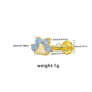 Detailed specs of gold cat paw labret with blue opal, 1.2mm gauge and 8mm length