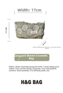 Detail of green floral embroidery cosmetic bag with 17x14x4cm size dimensions