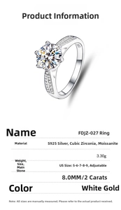 Detailed chart showing 2ct Moissanite S925 silver ring specifications and 8mm stone size