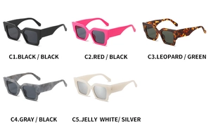 Detailed grid view of square thick frame sunglasses in five assorted color variations