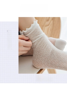 Nahaufnahme weißer Netzsocken mit Spitzenvolant und atmungsaktivem geometrischem Muster