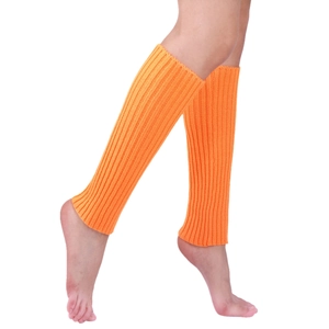 Detail of bright orange ribbed knit leg warmers showing thick texture on feet