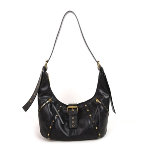 Retro black leather crescent bag with gold rivets and metallic hardware on white background