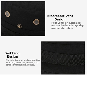 Detail of black tactical boonie hat with metal ventilation eyelets and molle webbing
