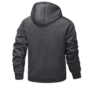 Detail of heather grey fleece hoodie showing ribbed cuffs and textured back view