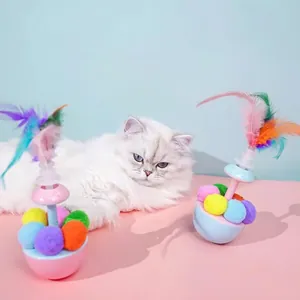 Tumbler cat toy with colorful plush ball and feathers in macaron colors for indoor cats