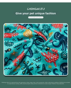 Macro shot of soft flannel pet vest fabric featuring colorful ocean animal prints