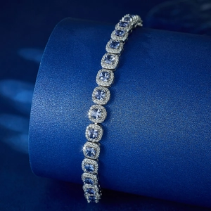 Elegant S925 sterling silver bracelet with blue square zircon stones and halo setting